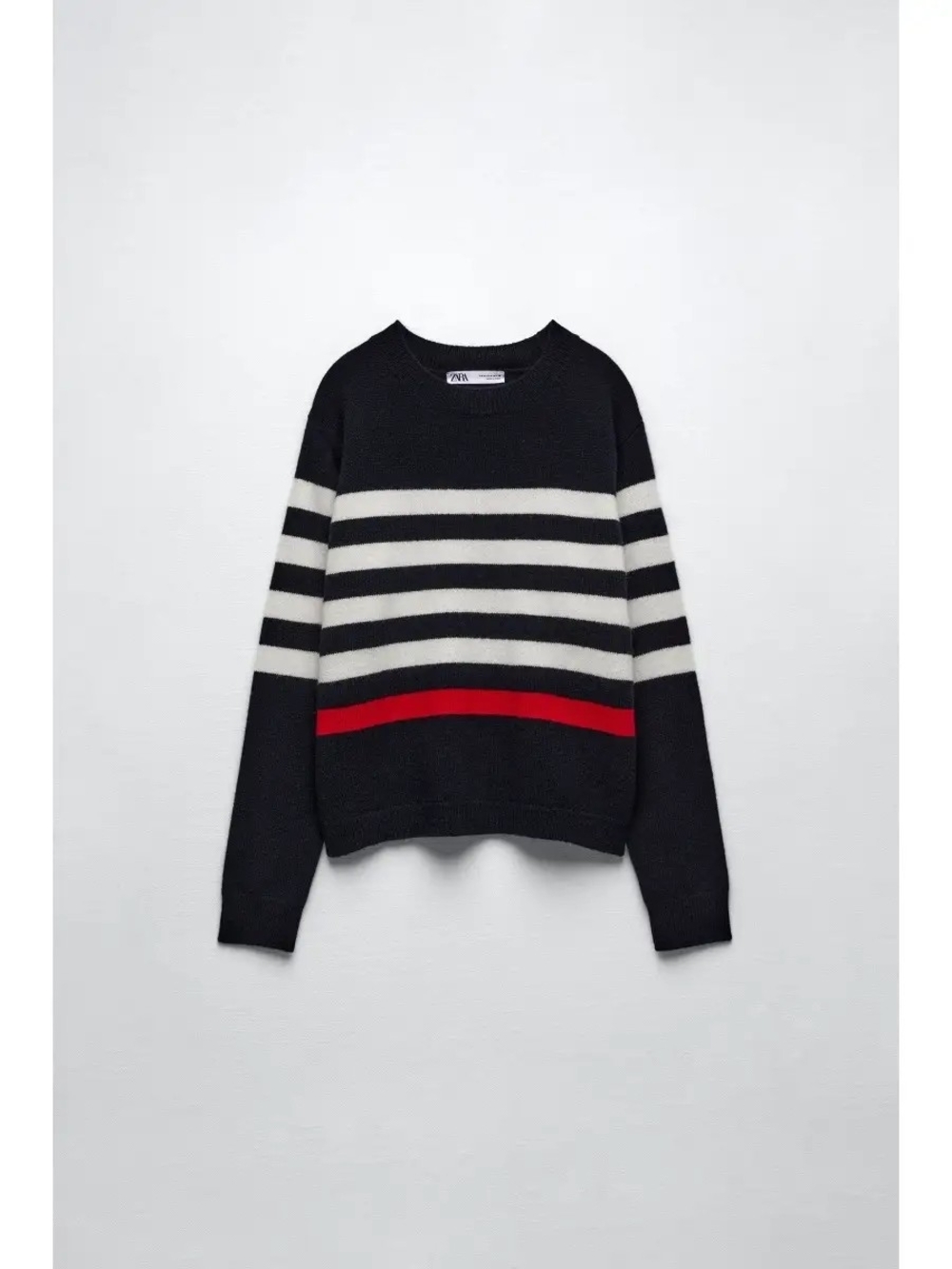 Zara Black Crewneck Sweater with White and Red Stripes